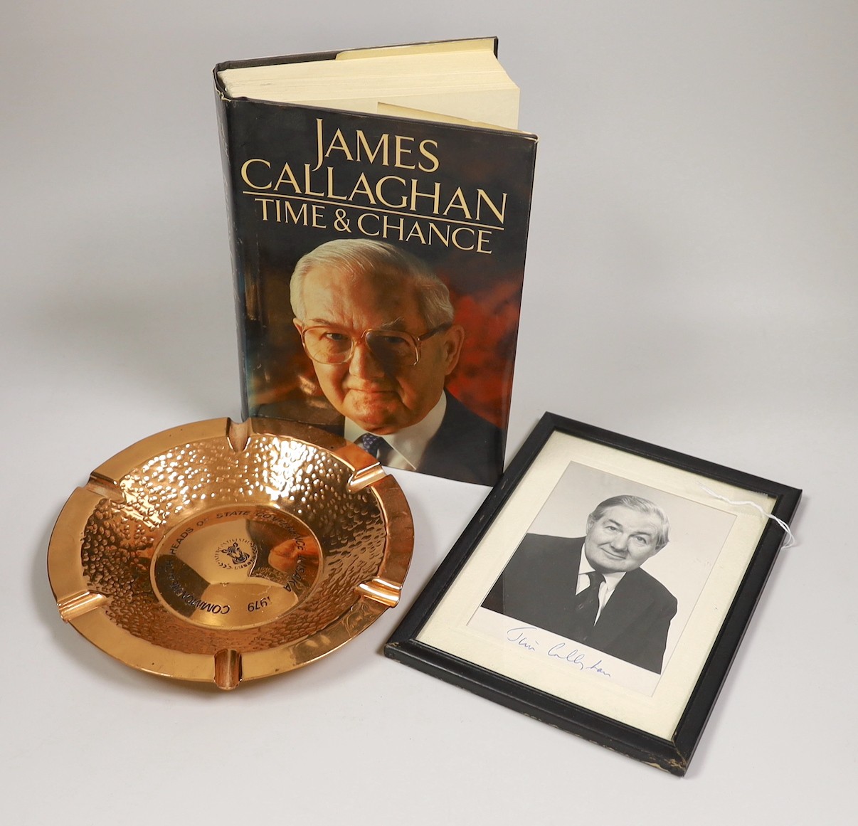 British Politics - Jim Callaghan - signed photo, signed New Year's Day menu and copper ashtray for Zambian Commonwealth Heads of State Conference 1979